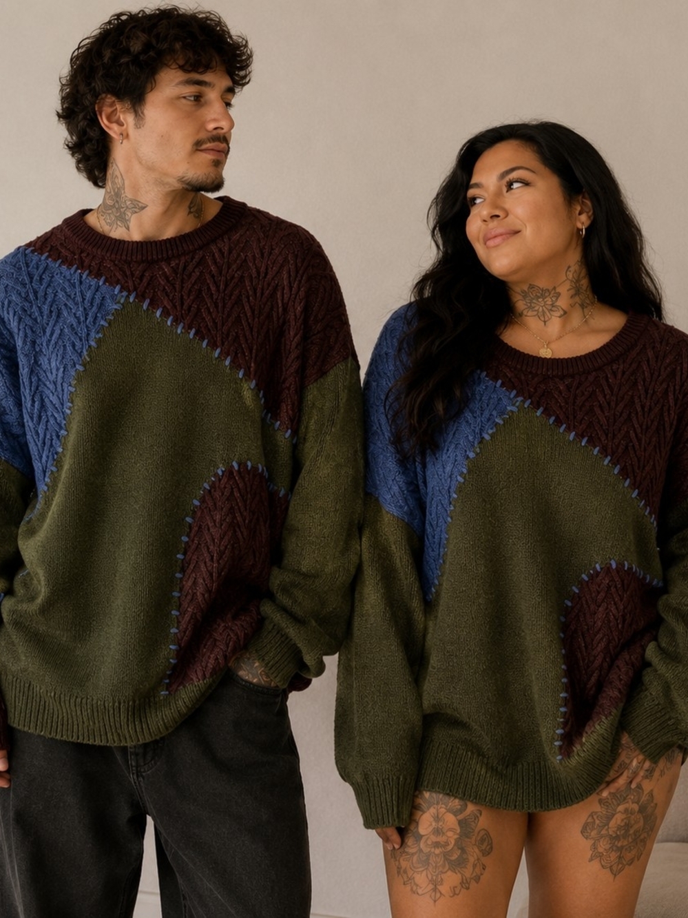 EARTHBOUND Olive Green Colorblock Crewneck Sweater with Blue and Burgundy Panels